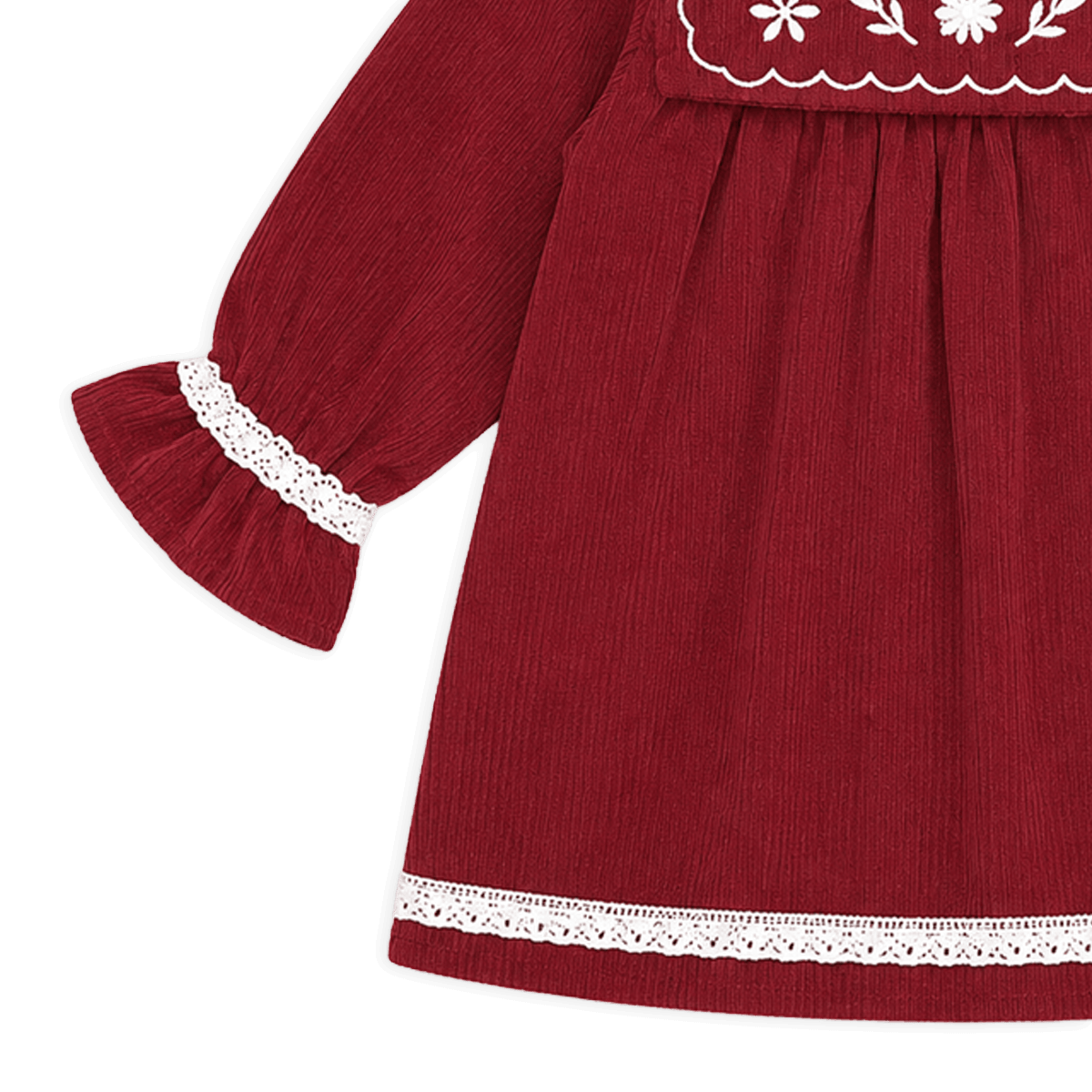Embroidered Corduroy Dress - Red