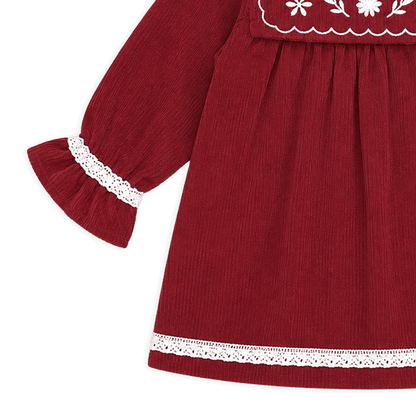 Embroidered Corduroy Dress - Red