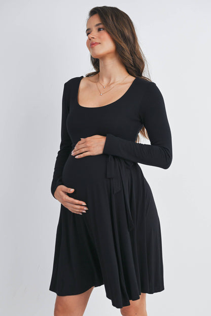 Black Waist Tie Maternity Dress