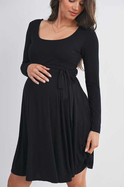 Black Waist Tie Maternity Dress