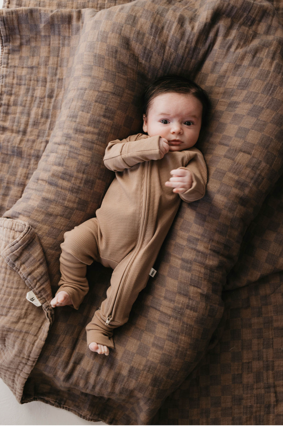 Bamboo Zip Pajamas | Ribbed Brown