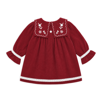 Embroidered Corduroy Dress - Red