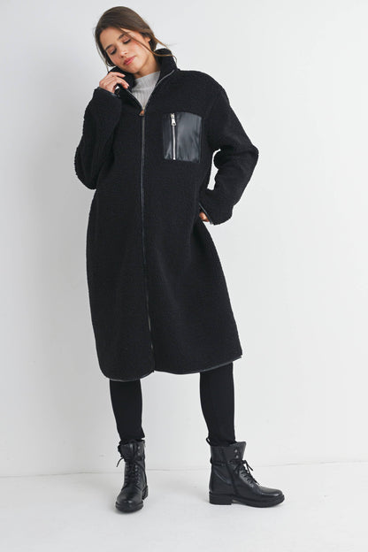 Maternity Fleece Long Coat - Black