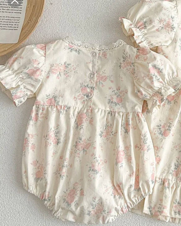 Vintage Romper - Ivory w Light Pink Rose Floral