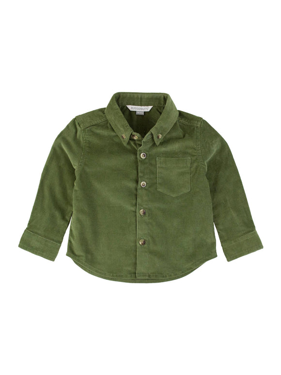 RuffleButts + RuggedButts - Boys Stretch Corduroy Long Sleeve Button Down Shirt: Green / 18-24m