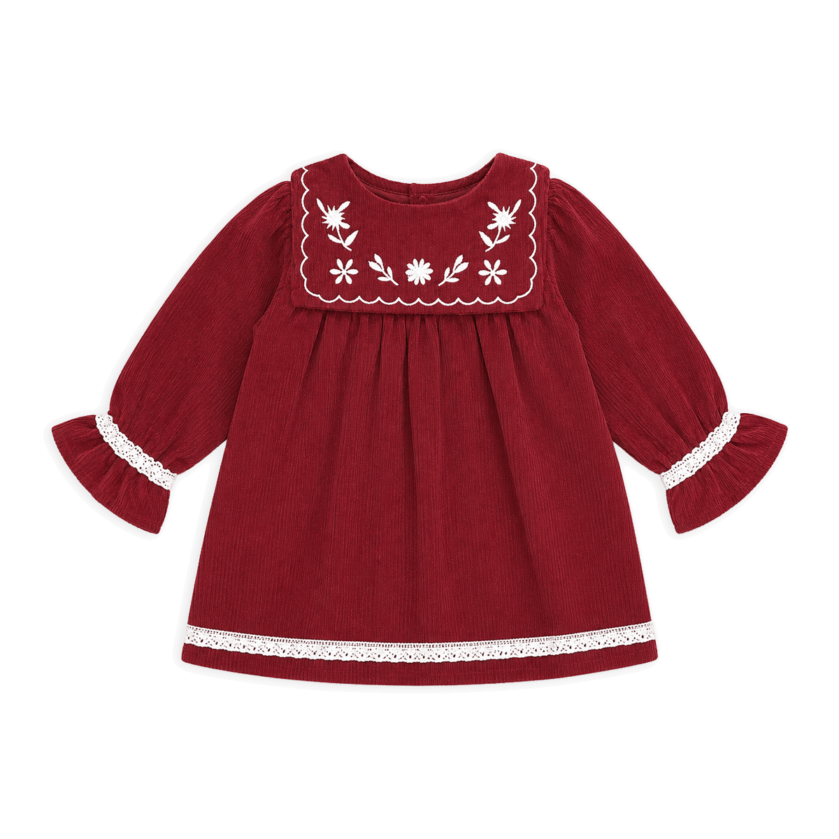 Embroidered Corduroy Dress - Red
