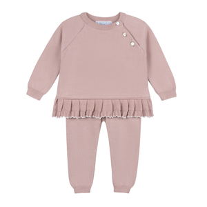 Girls Pleated Trim Knit Set: Mauve