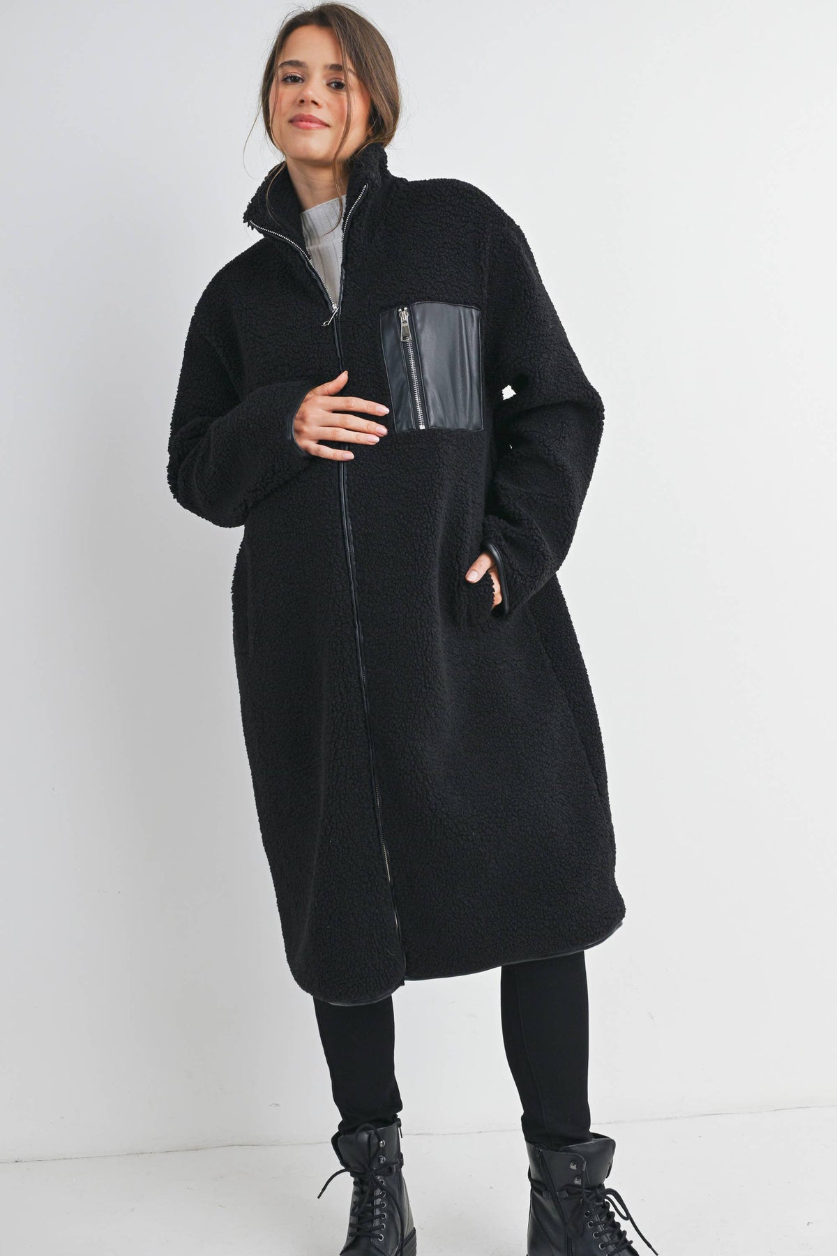 Maternity Fleece Long Coat - Black