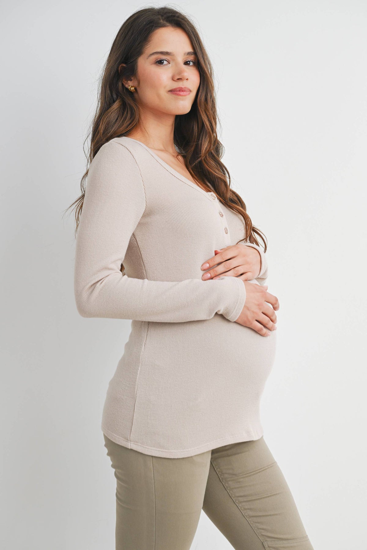 Maternity Henley LS Top - Taupe