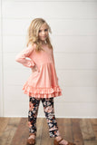 Adorable Sweetness - Kids Peach Ruffle Top & Black Floral Pant Set: 3/4