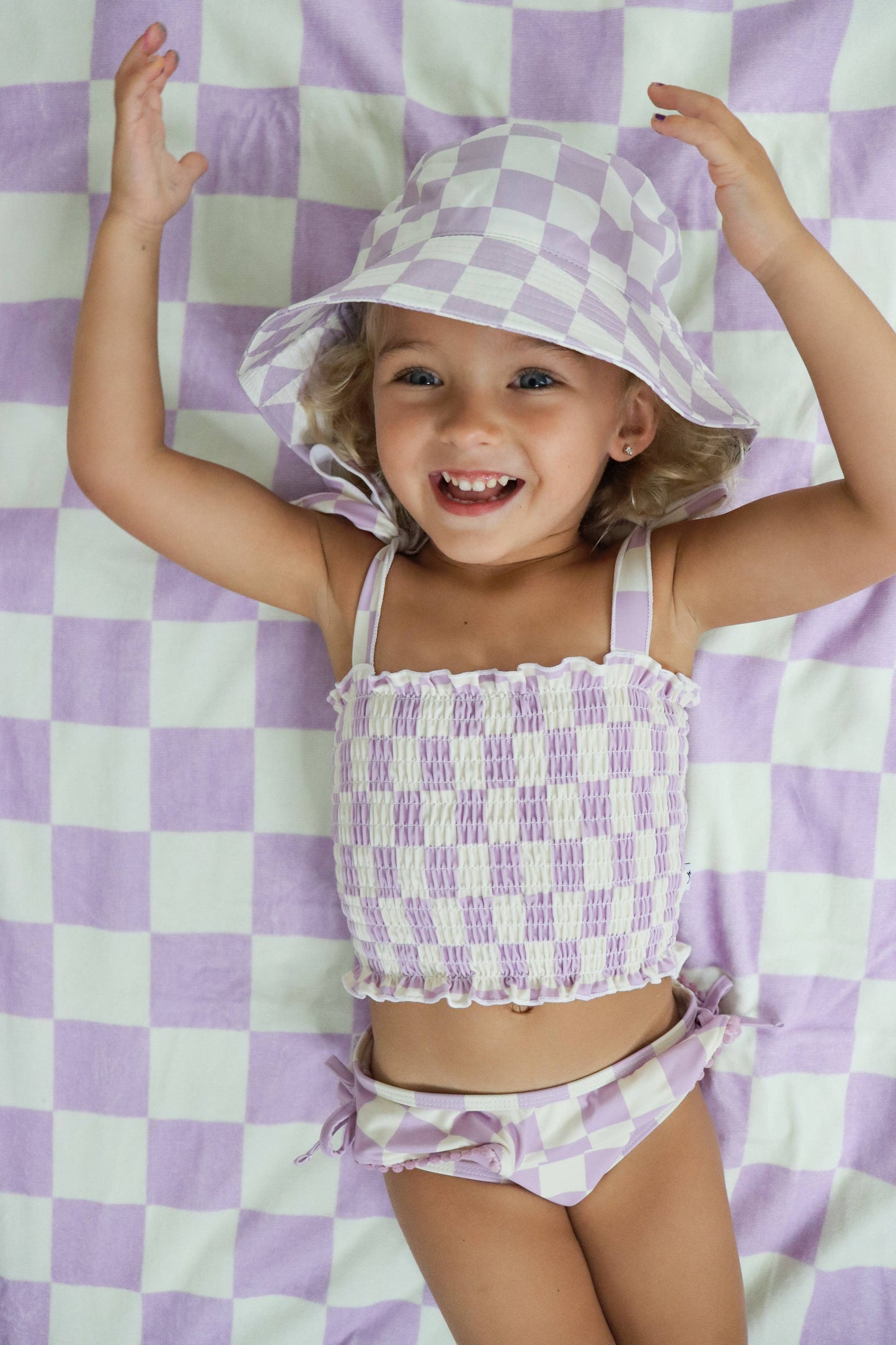 SMOCKED TANKINI SWIM SUIT - PERIWINKLE CHECKERS
