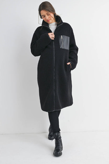 Maternity Fleece Long Coat - Black