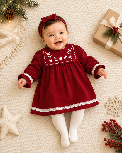 Embroidered Corduroy Dress - Red