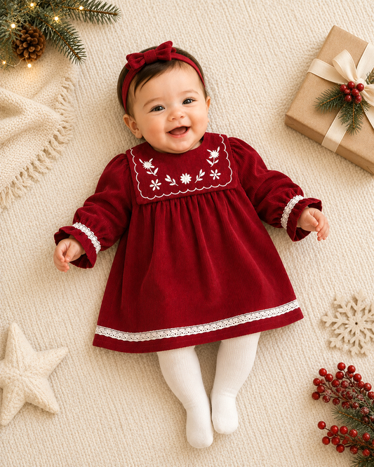 Embroidered Corduroy Dress - Red
