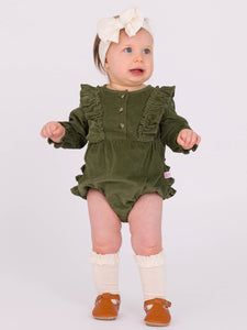 Dusty Olive Stretch Corduroy Waterfall Bubble Romper