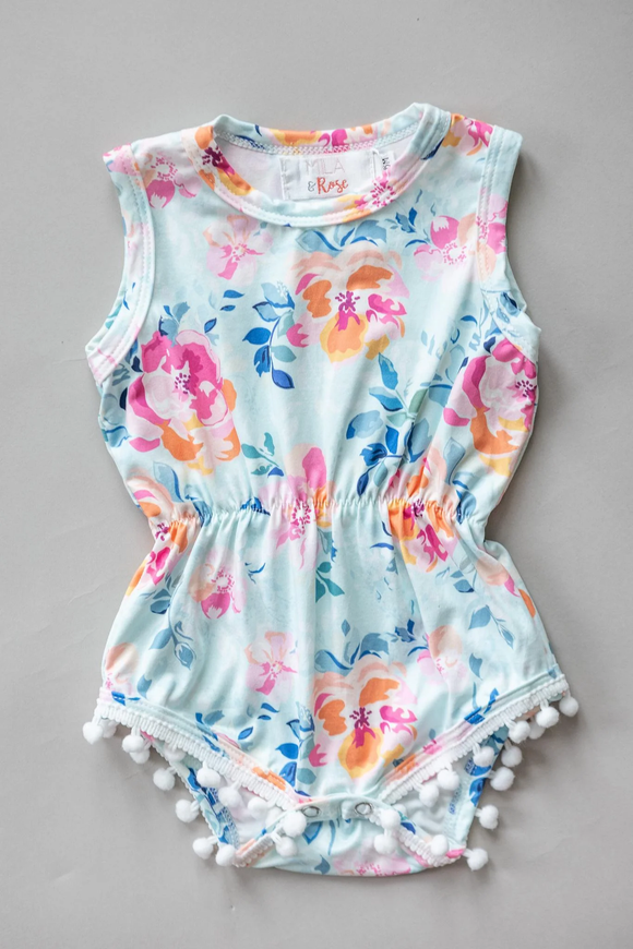 Pom Pom Romper - Blue Floral