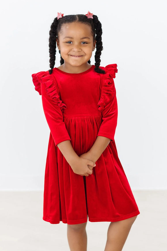 Mila & Rose - Velvet Ruffle Twirl Dress - Red