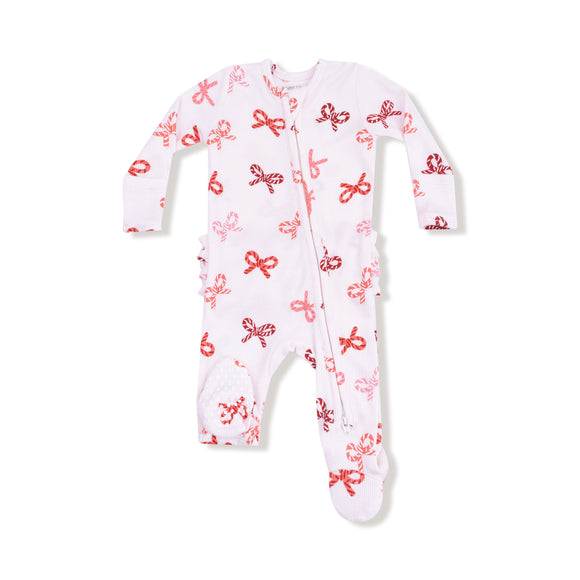 Candy Cane Bows - 2 Way Zipper Ruffle Footie