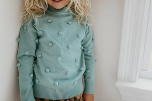 Adorable Sweetness - Kids Teal Pom Pom Winter Sweater: 3/4