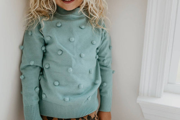 Adorable Sweetness - Kids Teal Pom Pom Winter Sweater: 5/6