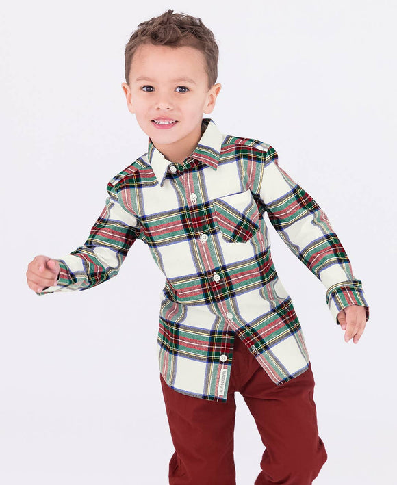 RuffleButts - Good Tidings Plaid Long Sleeve Button Down